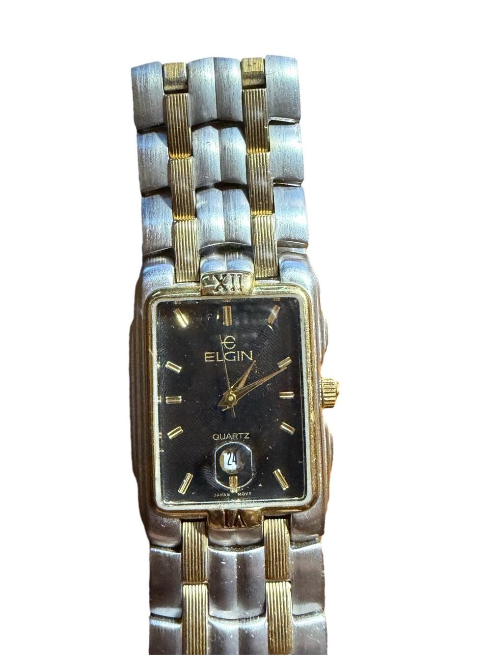 Elgin Quartz Rectangular Watch Two-Tone Black Dial Date Dress Analog